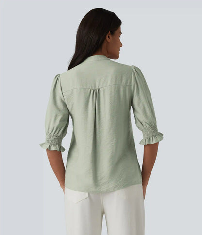 V Neck Puff Short Sleeve Casual Blouse