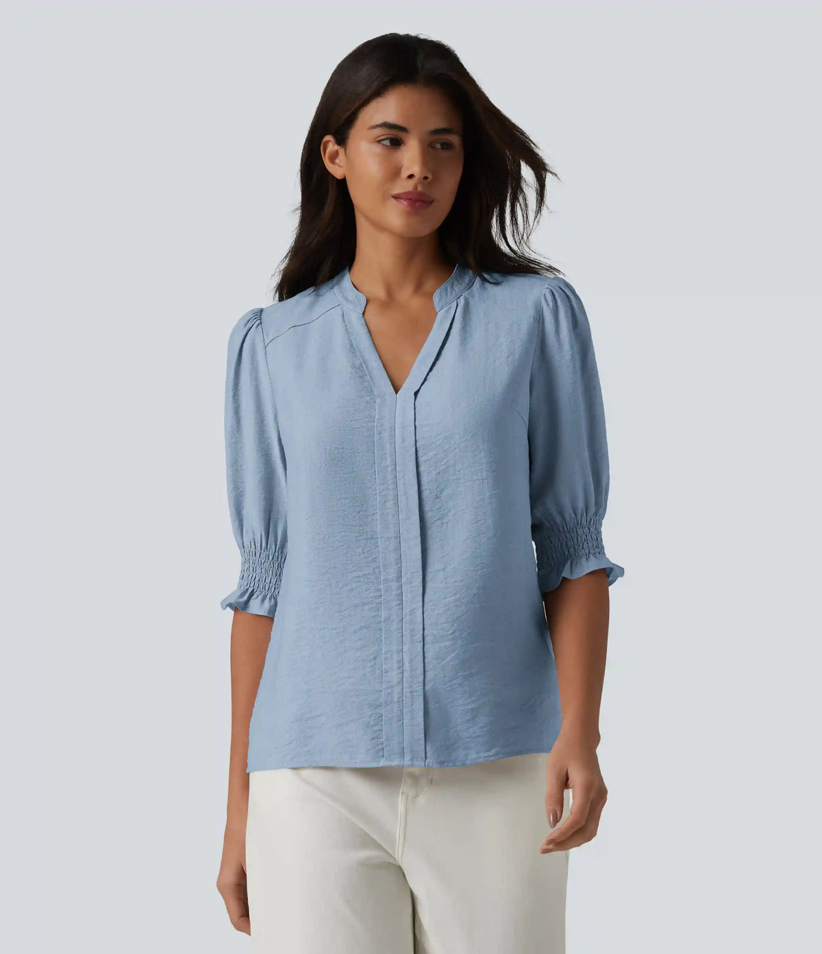 V Neck Puff Short Sleeve Casual Blouse