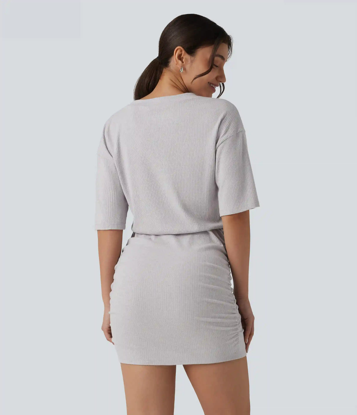 Ribbed Knit V Neck Short Sleeve Ruched Bodycon Mini Casual Dress