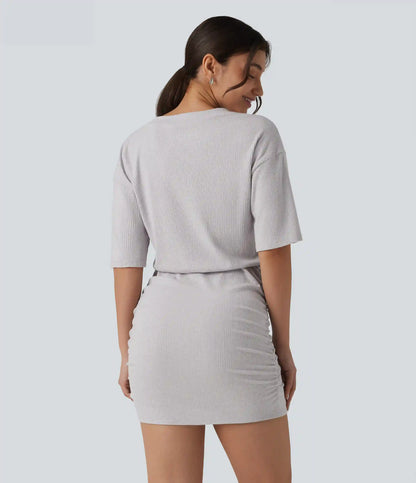 Ribbed Knit V Neck Short Sleeve Ruched Bodycon Mini Casual Dress
