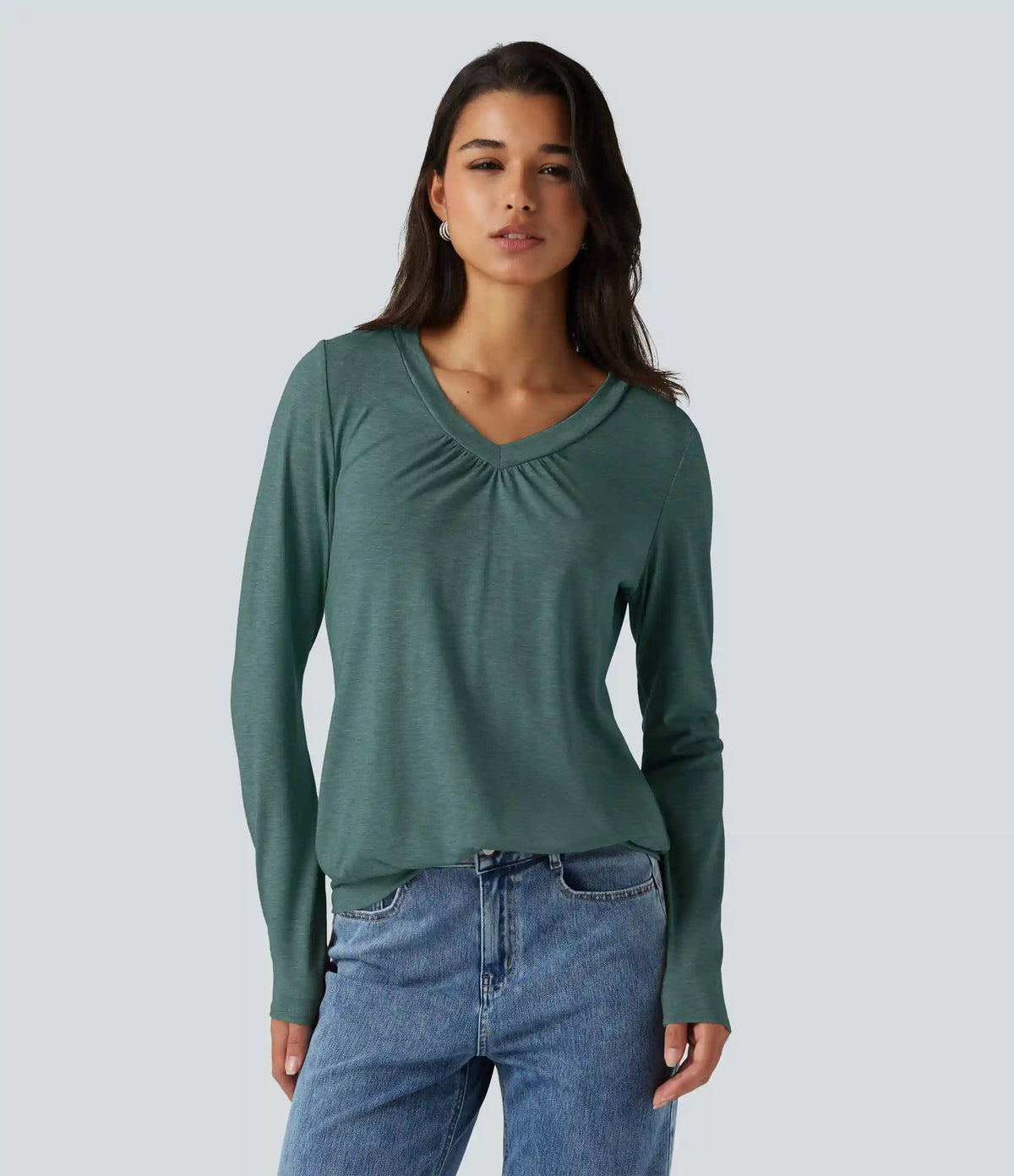 V Neck Ruched Long Sleeve Casual Top