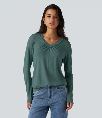 V Neck Ruched Long Sleeve Casual Top