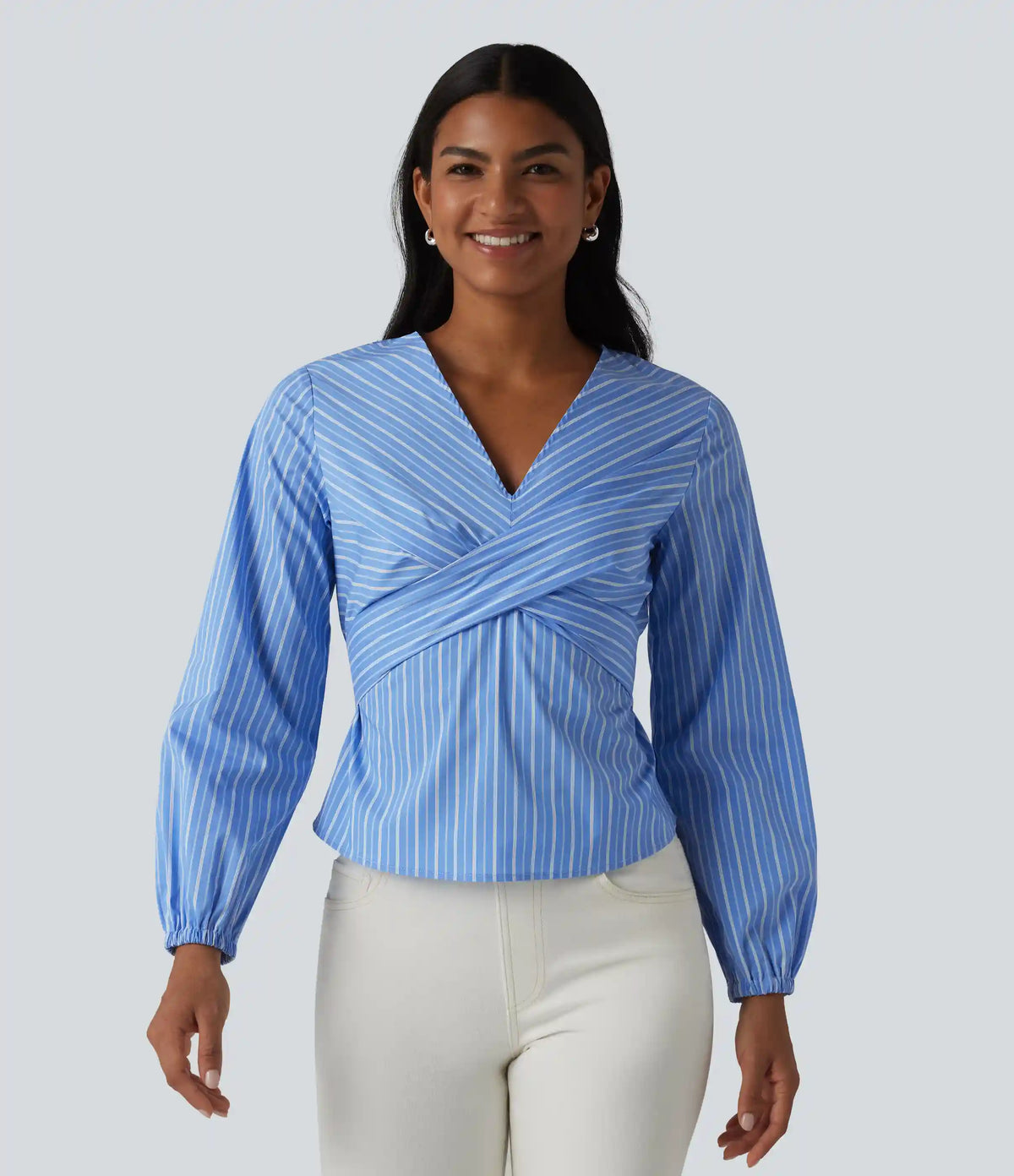 V Neck Long Sleeve Tie Back Stripe Work Blouse