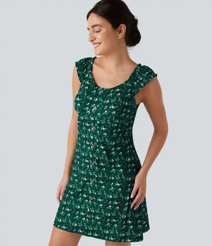 U-Neck Sleeveless Frill Ditsy Floral Built-in Bra Mini A-Line Resort Dress