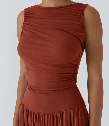 Ribbed Boat Neck Asymmetric Strap Ruched Pocket Flowy Maxi Casual Dress