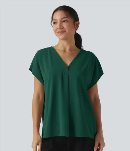 Wrinkle Recovery V-neck Short Sleeve Oversized Work Blouse