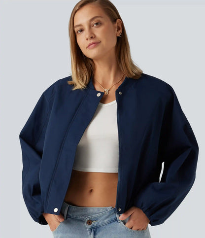 Round Neck Long Sleeve Casual Bomber Jacket with Pockets
