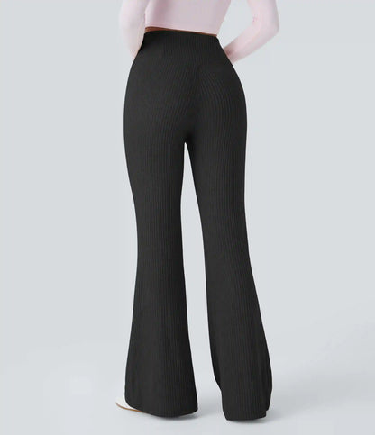 Ribbed Knit Crossover High Waisted Pocket Casual Flare Pants