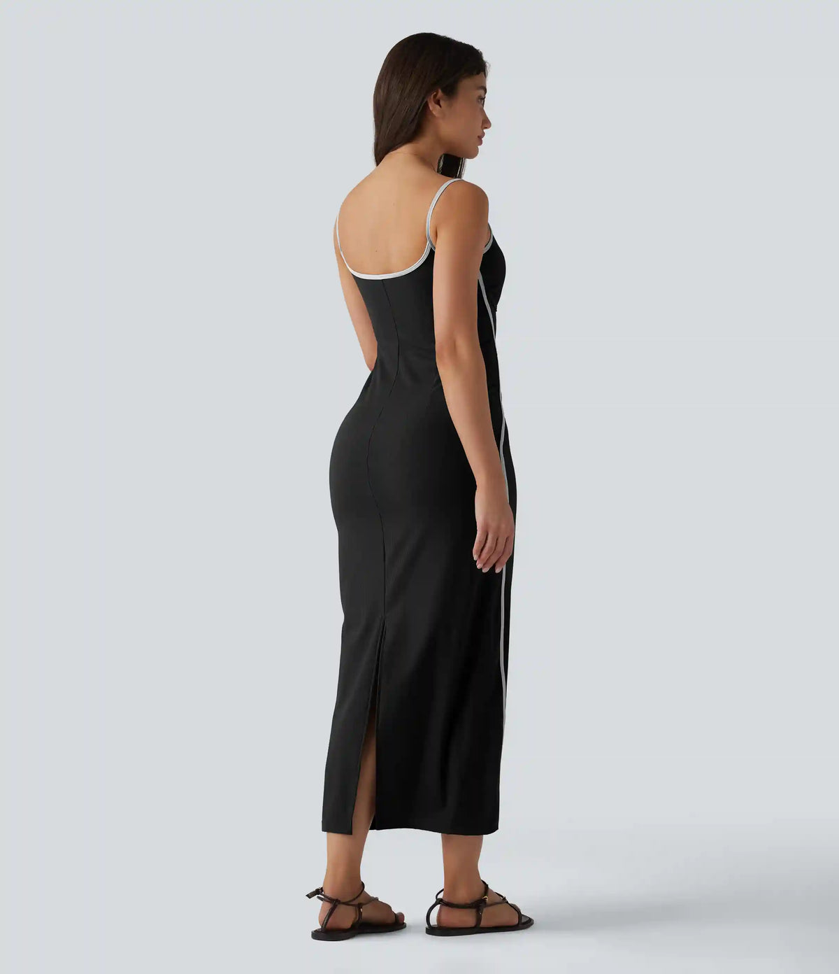 Ribbed Sweetheart Neck Non-Removable Pad Color Block Midi Casual Slip Dress