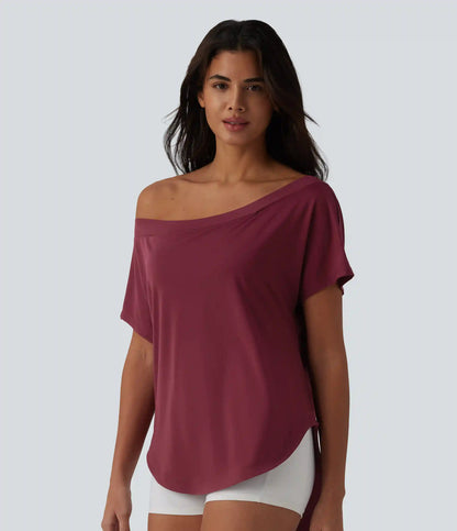 One Shoulder Short Sleeve Curved Hem High Low Quick Dry Yoga Sports Top-Built-in Bra