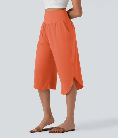 Breezeful™ High Waisted Tummy Control Hem Quick Dry Capri Pants with Pockets