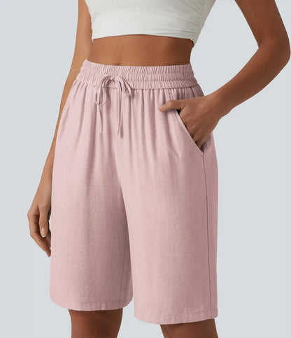 High Waisted Drawstring Casual Linen-Blend Bermuda Shorts 10'' with Pockets