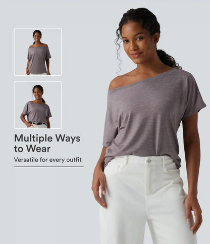 One-shoulder Short Sleeve Heathered Casual Oversized Top