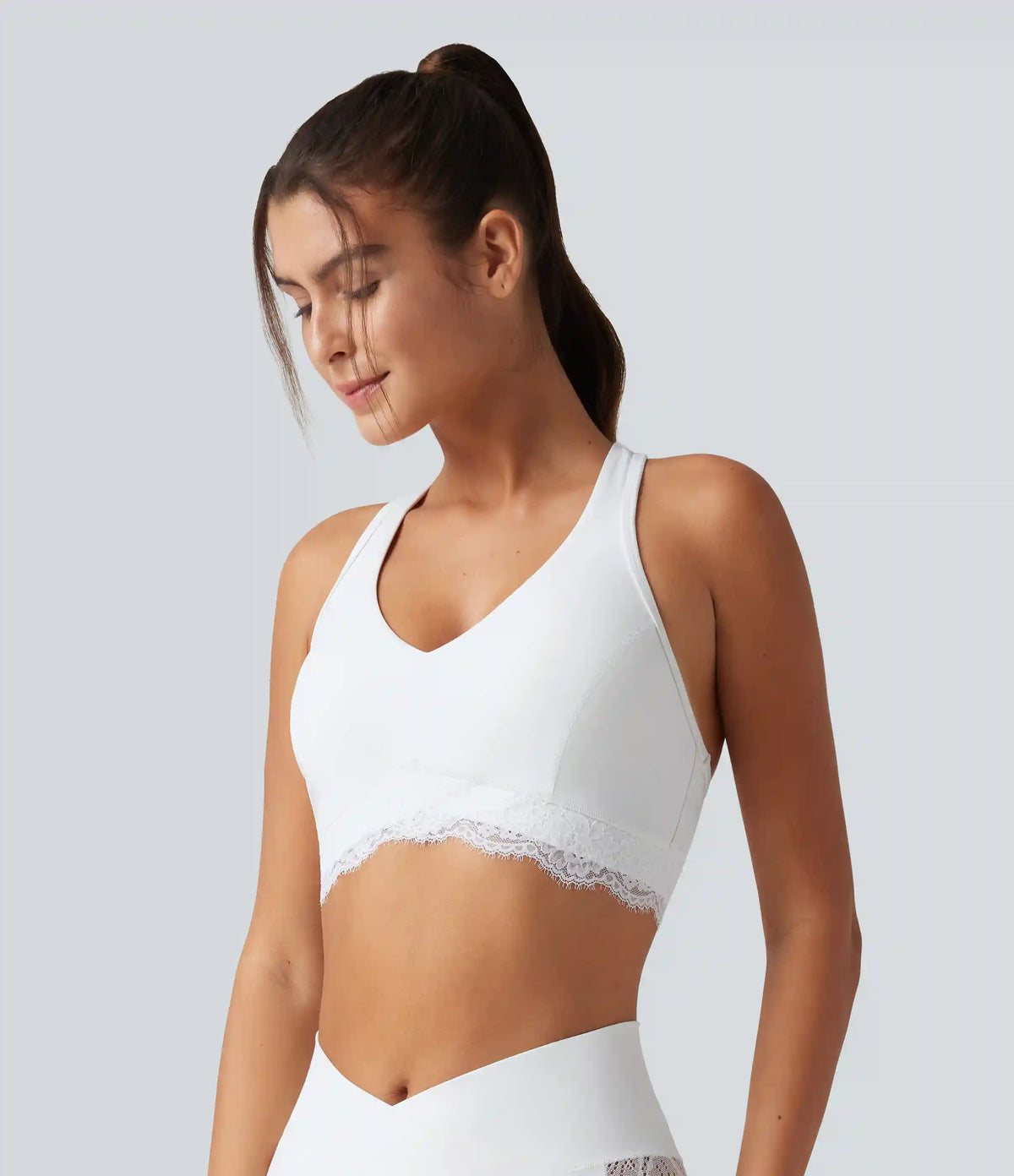 Halara UltraSculpt™ Low Support V Neck Built-in Bra Racerback Contrast Lace Workout Sports Bra