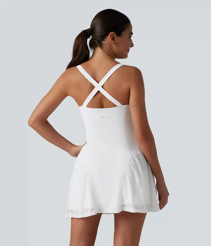 SoftlyZero™ Airy Crisscross Back Contrast Lace Built-in Bra InstantCool Tennis Active Dress with Pockets-Easy Peezy