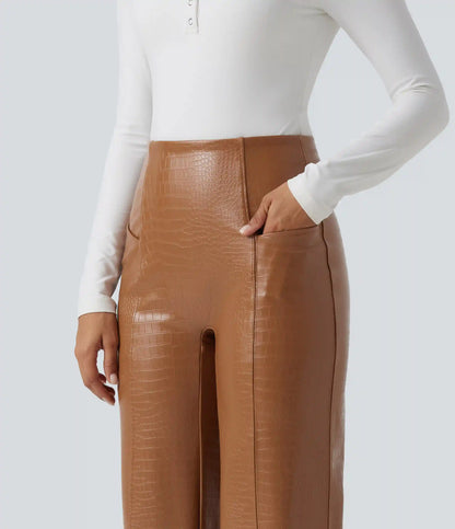High Waisted Tummy Control Snakeskin Print Stretchy PU Fleece Flare Casual Pants with Pockets