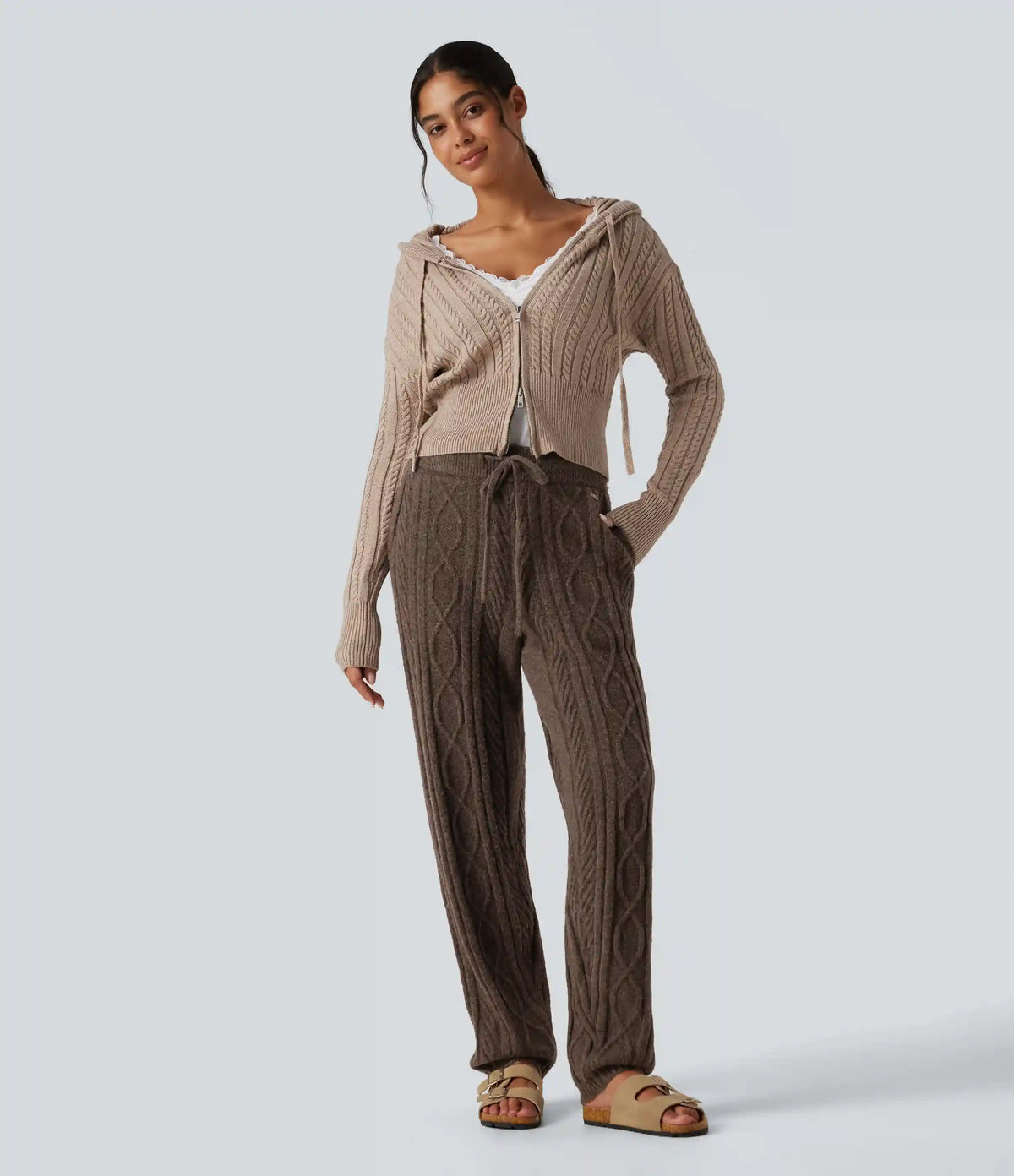 High Waisted Drawstring Cable Knit Lounging Sweater Pants with Pockets