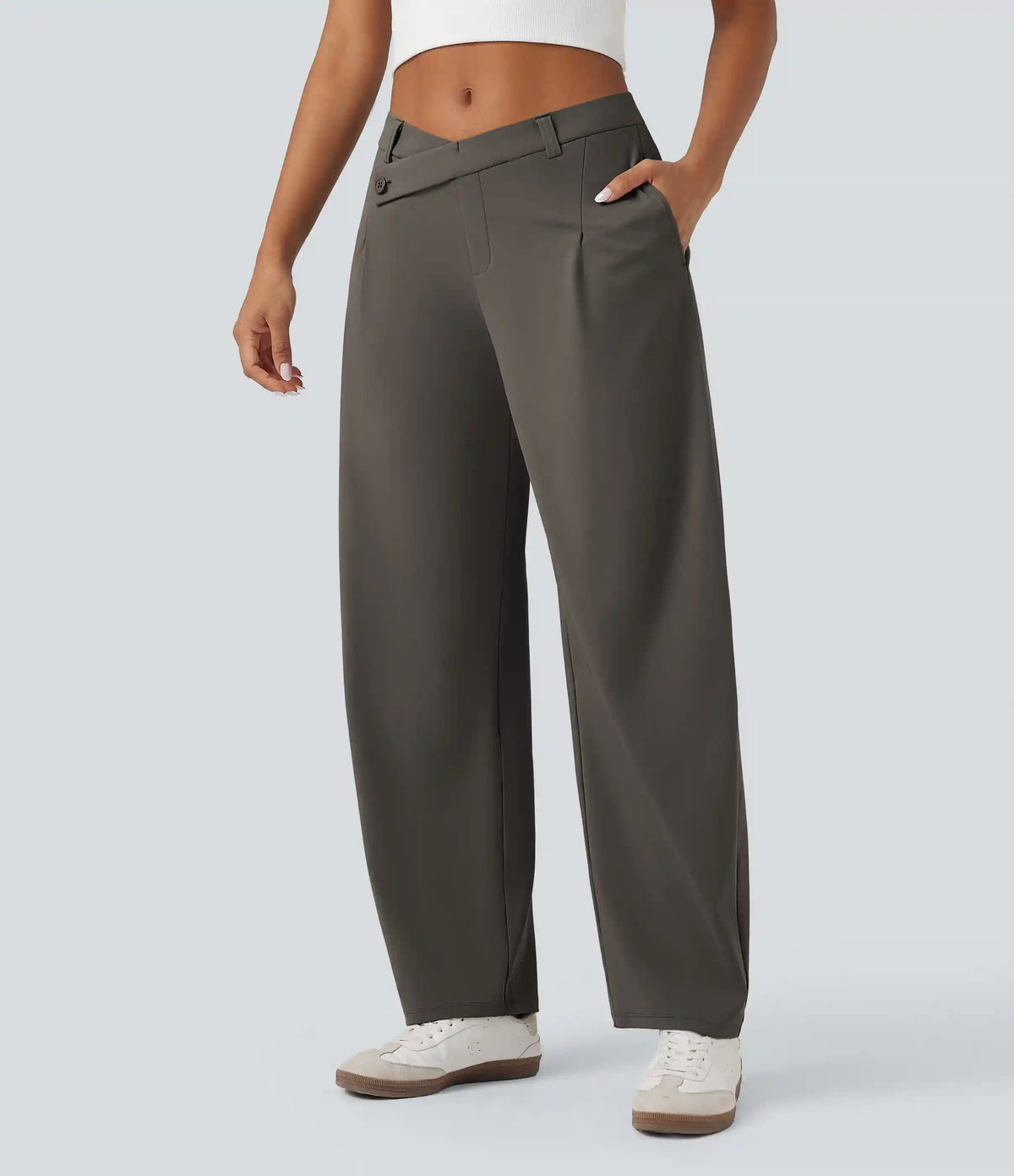 Halara Flex™ DayStretch Asymmetric Mid Rise Barrel Leg Work Pants with Pockets