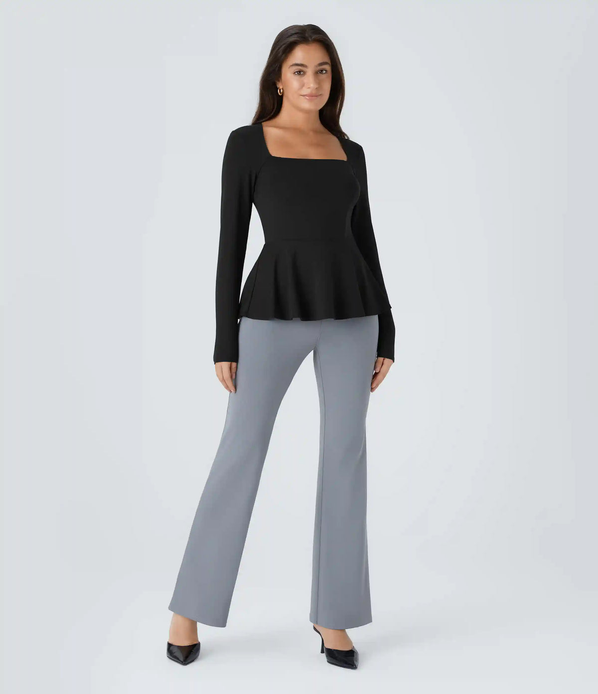 Square Neck Long Sleeve Ruffle Hem Work Top