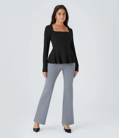 Square Neck Long Sleeve Ruffle Hem Work Top