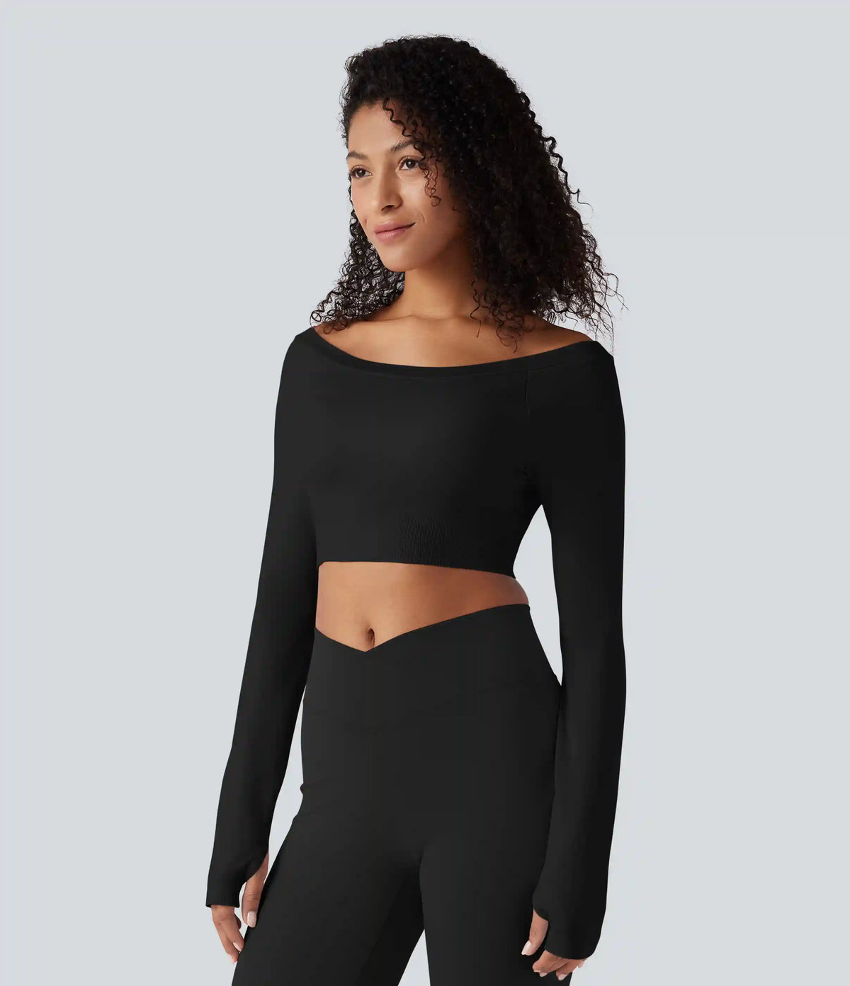 Seamless Flow Off-shoulder Long Sleeve Thumb Holes Cropped Yoga Sports Top