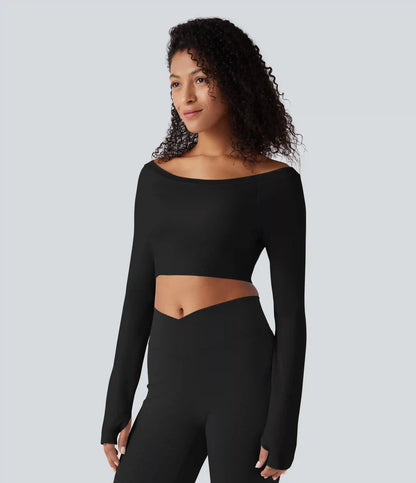 Seamless Flow Off-shoulder Long Sleeve Thumb Holes Cropped Yoga Sports Top