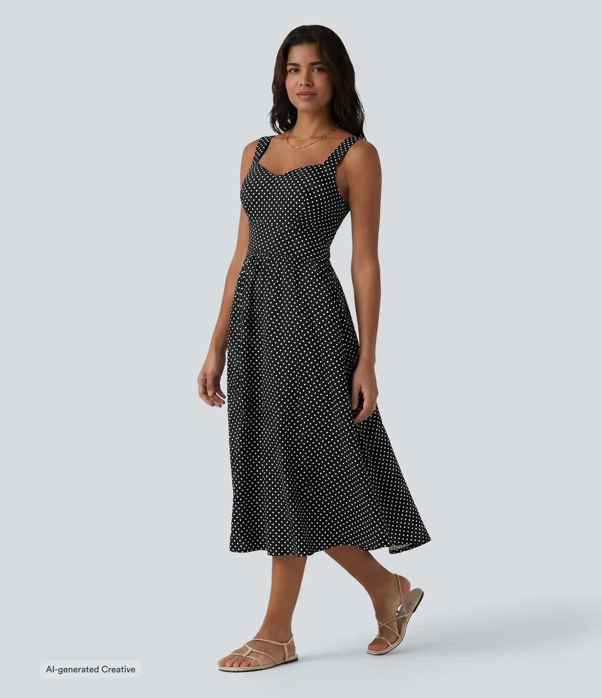 Sleeveless Backless Crossover Built-in Bra Polka Dot Midi Casual Flowy Dress with Pockets DD-F Cups