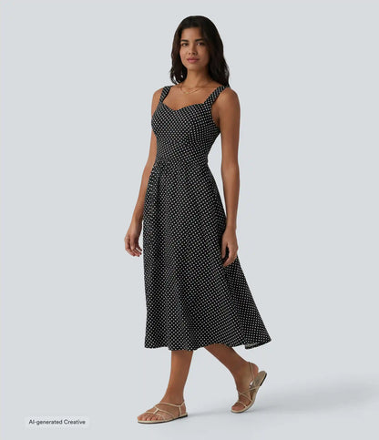 Sleeveless Backless Crossover Built-in Bra Polka Dot Midi Casual Flowy Dress with Pockets DD-F Cups