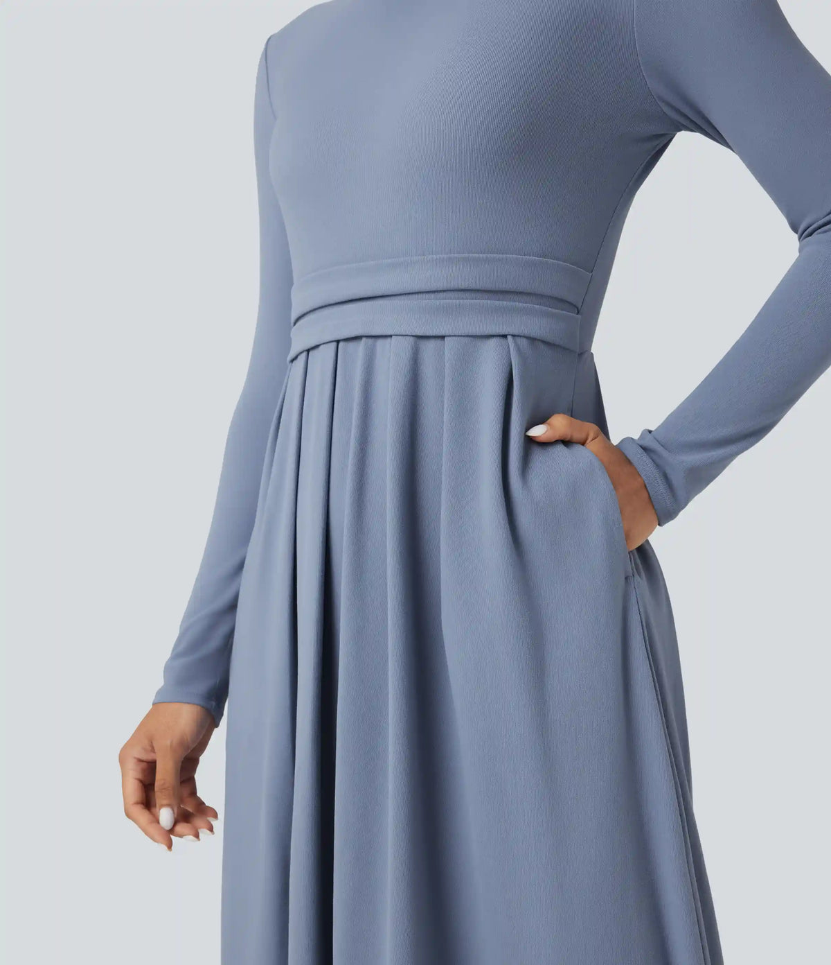 Mock-neck Long Sleeve A-line Casual Maxi Dress with Pockets