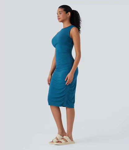 Round Neck Sleeveless Ruched Casual Bodycon Dress