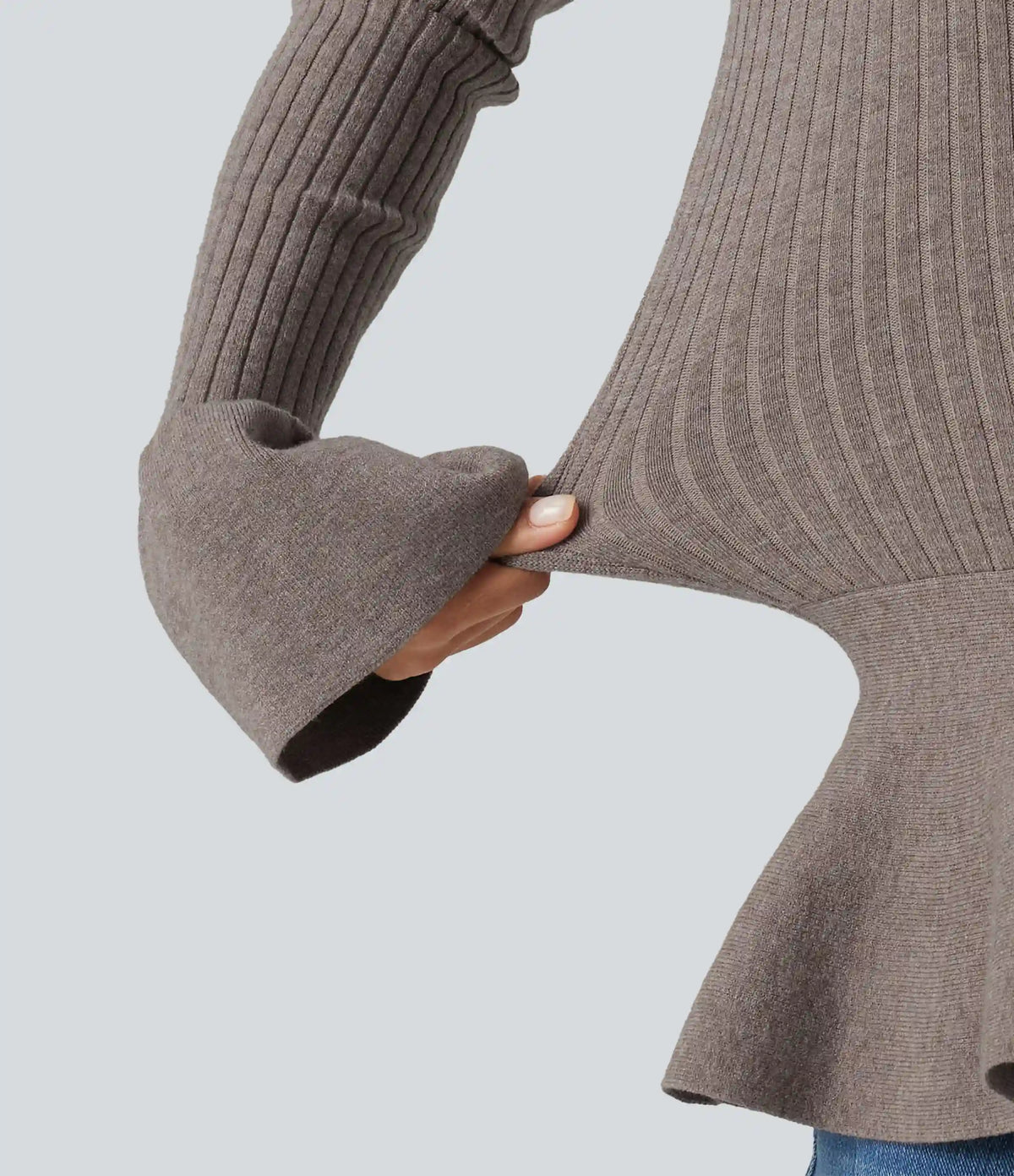 Round Neck Long Sleeve Ruffle Hem Slim Work Sweater