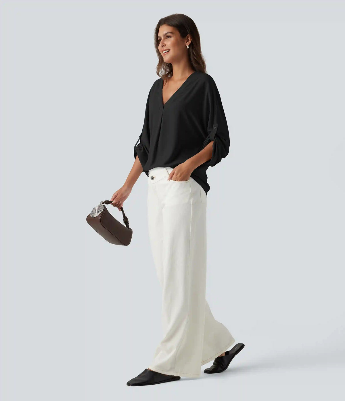 V Neck Batwing Long Sleeve Work Blouse