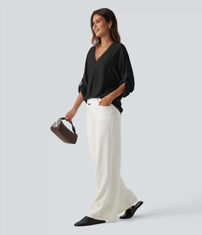 V Neck Batwing Long Sleeve Work Blouse