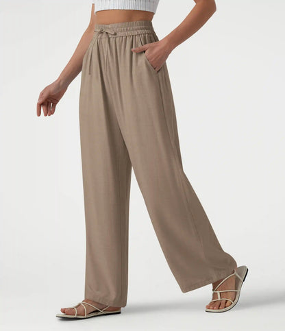 High Waisted Drawstring Wide Leg Casual Linen-Blend Pants with Pockets