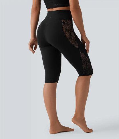 SoftlyZero™ High Waisted Crossover Contrast Lace Pedal Pusher Yoga Leggings with Pocket