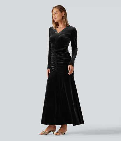 V Neck Long Sleeve Ruched Bodycon Velvet Party Maxi Dress
