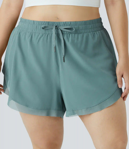 Drawstring Contrast Mesh 2-in-1 Plus Size Shorts 4"