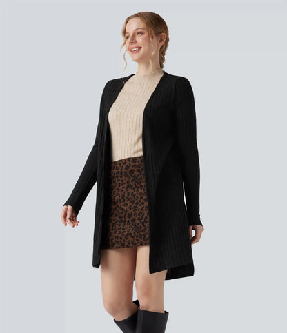 Ribbed Knit Long Sleeve Split Casual Cardigan