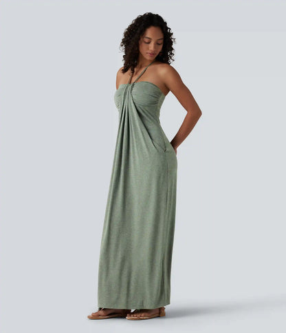 Halter Tie Back Built-in Bra Maxi Dress with Pockets
