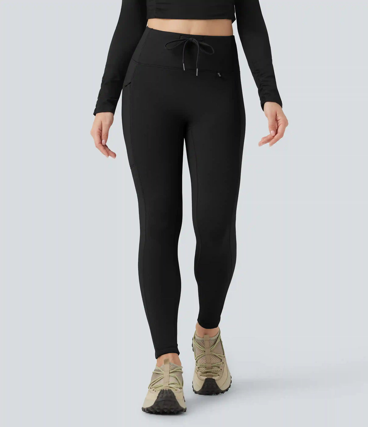 High Waisted Drawstring Fleece 7/8 Hiking Leggings with Pocket