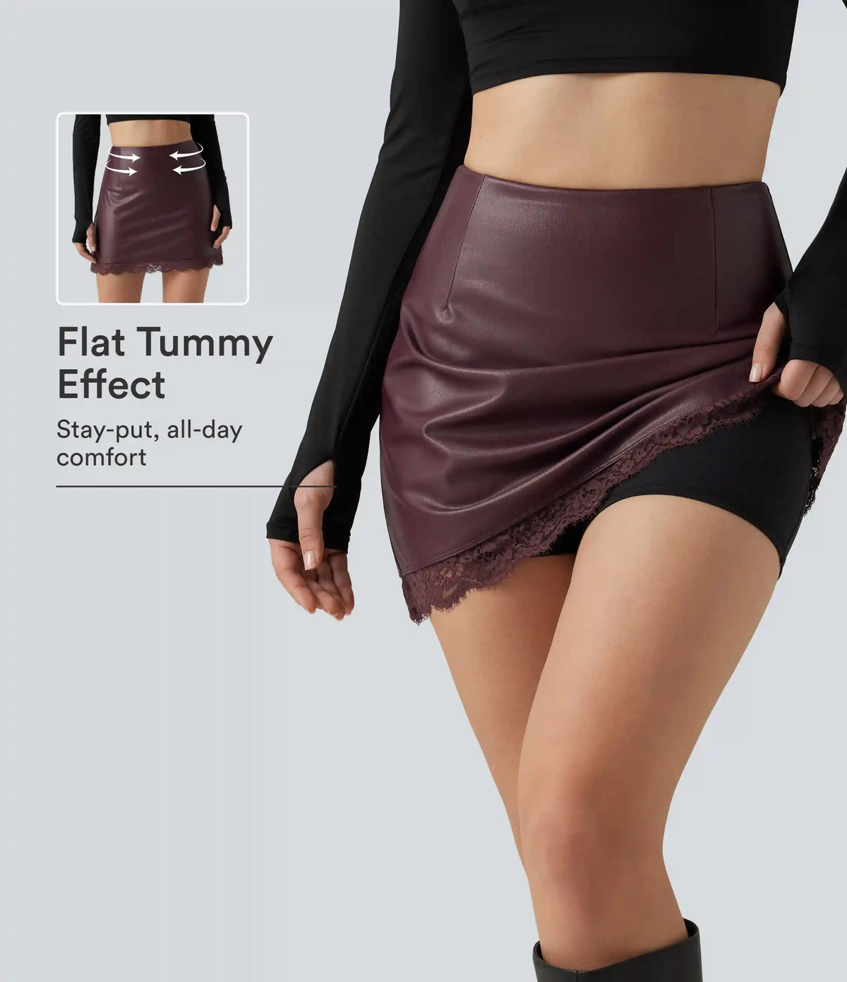 High Waisted Tummy Control Contrast Lace A-Line Casual Mini Skirt with Built-In Shorts