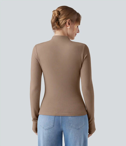 Mock-neck Long Sleeve Ruched Asymmetric Hem Thermal Casual Top