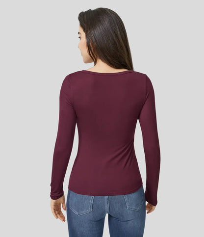 Ribbed Henley Neck Long Sleeve Slim Casual T-Shirt