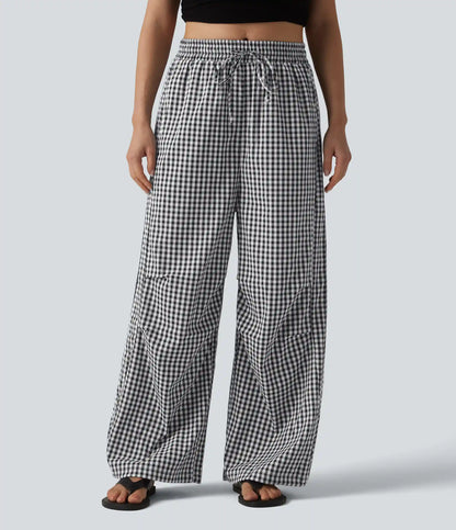 Mid Rise Drawstring Baggy Gingham Casual Pants with Pockets