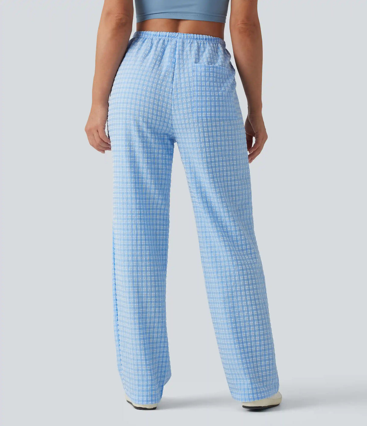 Mid Rise Drawstring Straight Leg Gingham Casual Pants with Pockets