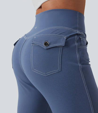 Mid Rise Crossover Super Flare Casual Leggings with Pockets