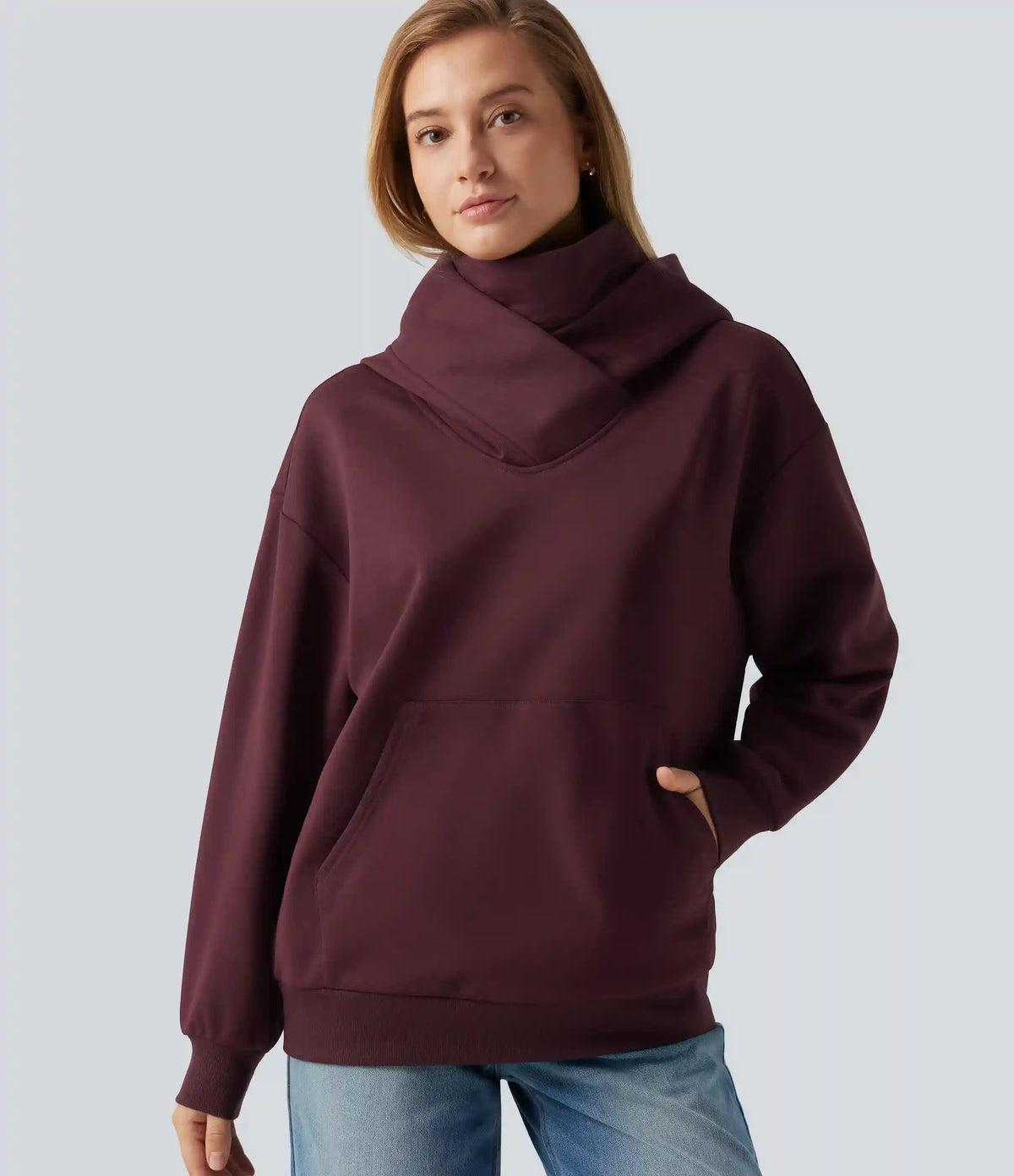 Hooded Crossover Dropped Long Sleeve Fleece Casual Sweatshirt with Pocket