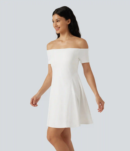 SoftlyZero™ Plush Off Shoulder Short Sleeve Built-in Bra Mini Casual Dress B-DD Cups