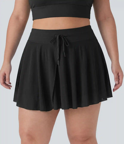 Plus Size High Waisted Drawstring Contrast Mesh 2-in-1 Flowy Mini Flare Casual Skirt with Pockets-Longer Length