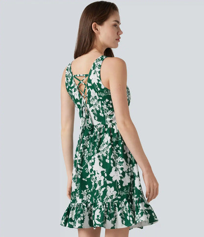 Sweetheart Neck Sleeveless Lace Up Floral Print Mini Dress
